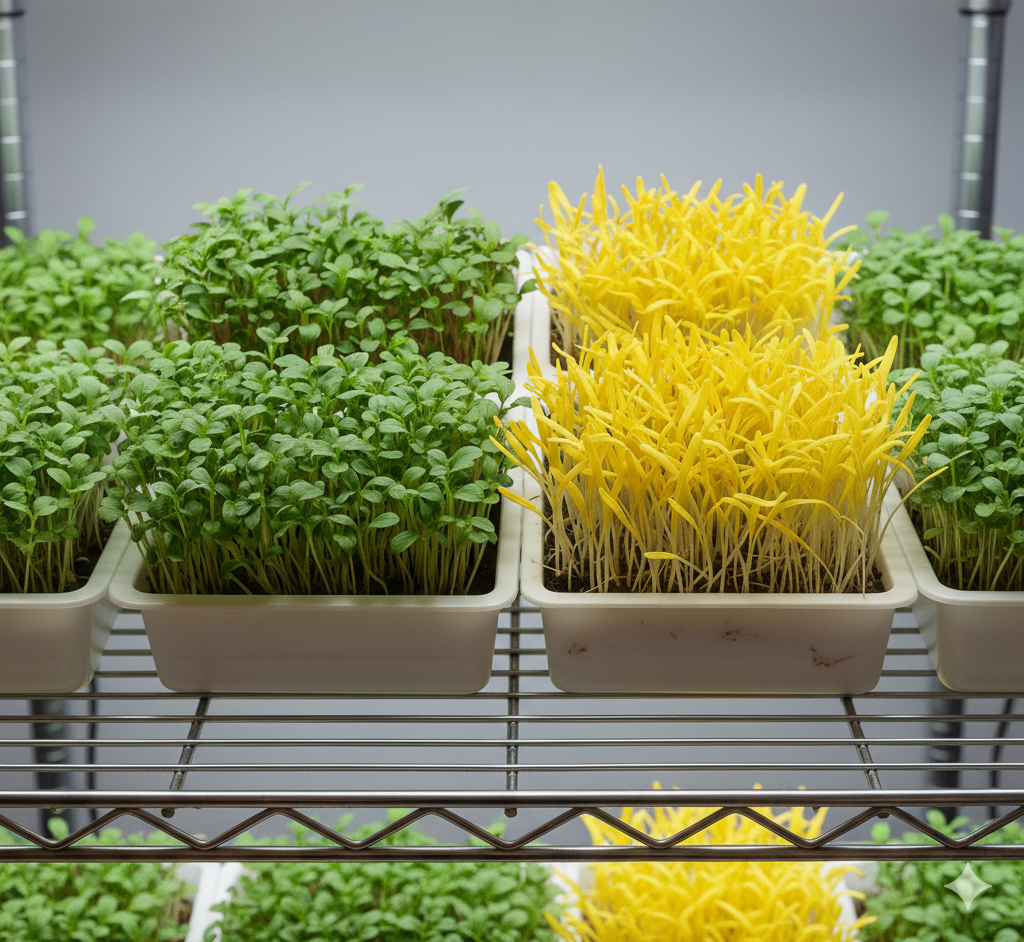 Rack di coltivazione di BioUrbano in cui si vedono diverse delle nostre vaschette con microgreen pronti per essere consumati. in cui risalto il Ravanello Rosso con foglie di colore verde e taglio fucsia il Mais in giallo brillante. Sono Microgreen da semi non trattati e coltivati su substratp 100% organico. Immagine modificata con l'IA.